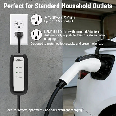 Portable Level 1 And Level 2 EV Charger, 16 Amp 110V/240V With NEMA 6-20 Plug, charging electric vehicle at home outlet