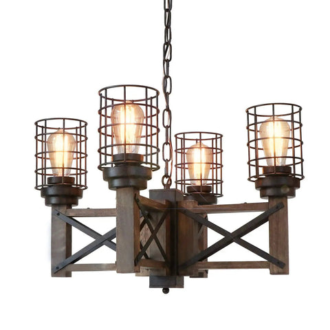 Wood Farmhouse Cage Chandelier Four Light Pendant For Kitchen Island Industrial Chic Dining Table Vintage Edison Ceiling Light Brown And Black Rustic Fixture