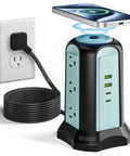 Must-Have Power Strip Tower With Wireless Charger And Surge Protector, 9 Outlets, 4 USB Ports, 10ft Cord in Black and Blue.