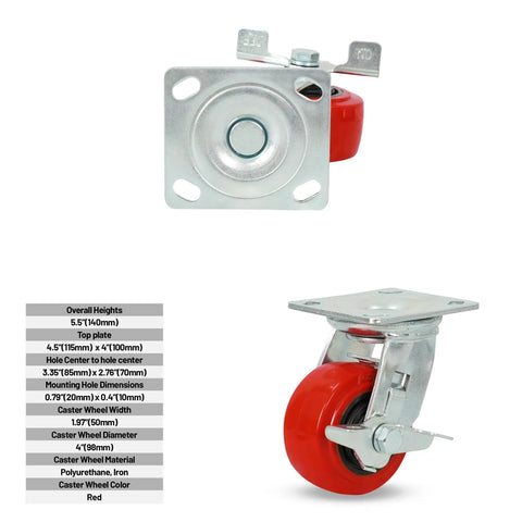 Heavy Duty 4 Inch Red Polyurethane Swivel Caster With Wheel Brake, 550 Lbs Rugged Capacity, Nonmarking Floor Savin Rubber Wheel, Smooth Cruisin Industrial Swivel Roller For Heavy Loads And Equipment
