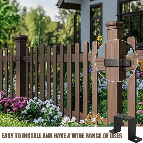 Beefy 4x4 Post Ties and U Brackets Set for Decks, Fences, and Gazebos, installed on wooden fence, black steel mounts visible.