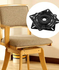 Rock Solid 6X6 Inch Swivel Plates For Bar Stools And Dining Chairs 6 Pack Black Steel Rotation Base shown on a wooden chair.