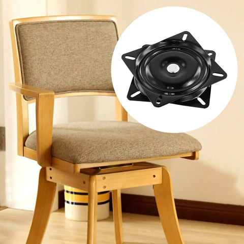 Rock Solid 6X6 Inch Swivel Plates For Bar Stools And Dining Chairs 6 Pack Black Steel Rotation Base shown on a wooden chair.