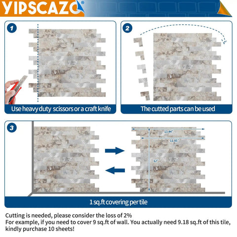Diagram showing how to cut Peel And Stick Stone And Metal Tile Backsplash 12x12 In Perisa for kitchen, bathroom, and camper use.
