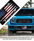 Vintage Americana Flag License Plate Cover For Front Car Decor With Distressed Retro Look And USA Flag Vibe installed on blue vehicle.