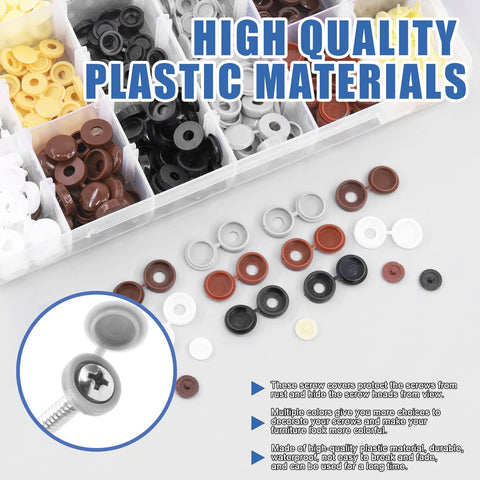 Screw Cap Covers Kit 800 Pcs Two Styles Hinged And Snap Covers 4mm 5mm 6mm 9 Colors, displayed with plastic material