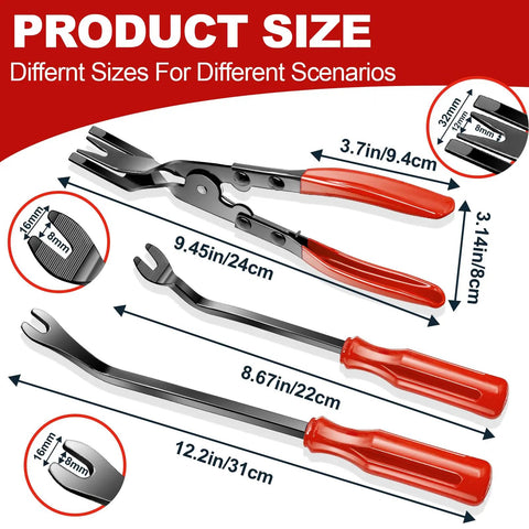 Trim Removal Tool Set With Pick And Clip Remover, red-handled tools showing different sizes for auto panel removal, dimensions visible