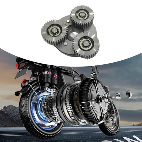 Three Piece Electric Bike Motor Gear Replacement Kit with compact planetary gear shown on ebike rear assembly