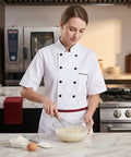 Unisex Chef Coat With Short Or Long Sleeve Crafted From Breathable Cotton Poly Blend Sleek For Kitchen Hustle Sweat Wicking Comfort, designed for food prep.