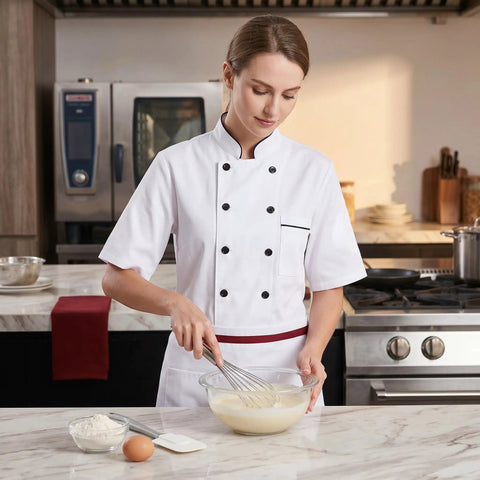 Unisex Chef Coat With Short Or Long Sleeve Crafted From Breathable Cotton Poly Blend Sleek For Kitchen Hustle Sweat Wicking Comfort, designed for food prep.