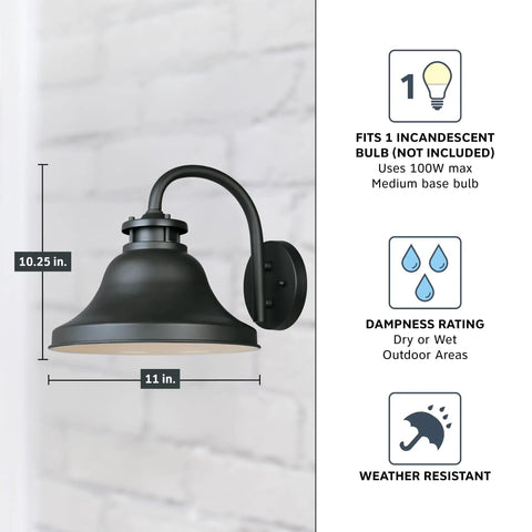 Bayport 10.25 Inch Outdoor Light Fixture Sconce Bronze Exterior Wall Lantern For Front Door Patio And Porch Downward Lighting To Cut Light Pollution Weather Resistant Built To Last For A Dope Outdoor Vibe, showing side view against brick wall with dimensions.