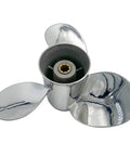 Top view of Stainless Steel Three Blade Propeller For Yamaha Outboard Motor Nine Point Twenty Five By Eleven Right Hand Spin Through Hub Exhaust For Nine Point Nine To Fifteen Horsepower With OEM Rubber Hub Bushing And Polished Finish