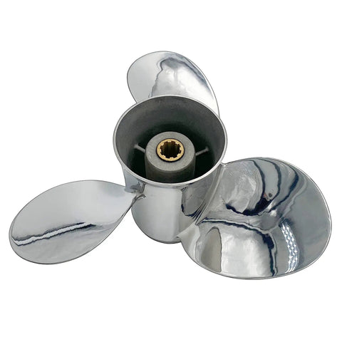 Top view of Stainless Steel Three Blade Propeller For Yamaha Outboard Motor Nine Point Twenty Five By Eleven Right Hand Spin Through Hub Exhaust For Nine Point Nine To Fifteen Horsepower With OEM Rubber Hub Bushing And Polished Finish