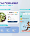 Your personalized health coach interface displaying customized diet recipes and exercise plans with wellness reports.