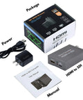 Dont Sweat The Cable Crunch With This HDMI To SDI Converter Featuring Dual SDI Outputs And Native Audio Embedding For Clean 1080P Feed includes package, converter, power cable, and manual.
