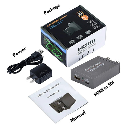Dont Sweat The Cable Crunch With This HDMI To SDI Converter Featuring Dual SDI Outputs And Native Audio Embedding For Clean 1080P Feed includes package, converter, power cable, and manual.