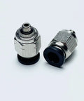 Close-up of One Quarter Inch Tube Plug And Play Quick Connect Air Hose Fittings showing metal body and UNF 10-32 thread