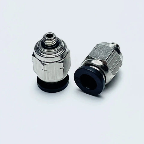 Close-up of One Quarter Inch Tube Plug And Play Quick Connect Air Hose Fittings showing metal body and UNF 10-32 thread