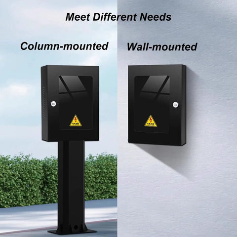 Locked Down Tight Heavy Duty EV Charger Shelter Build Like A Tank Weatherproof Floor Pedestal displaying column-mounted and wall-mounted options.