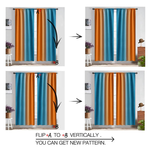 Gradient Ombre Room Darkening Curtains Two Panels 72 Inch Long Light Blocking Drapes in Orange and Blue for Kid Friendly Bedroom and Living Room With Rod Pocket illustrating reversible pattern options in a living space.