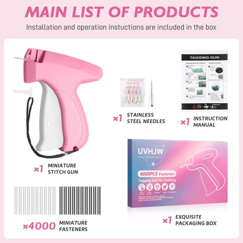 Clothing Stitch Gun Quick Fixer For Dresses And Garments with needles, fasteners, instructions, and box packaging.