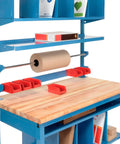 Heavy Duty Maple Packing Workbench With 72 Inch Wide Butcher Block Top And 5000 Pound Capacity Featuring adjustable shelving and paper roll holder.