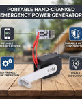 Hand Crank Generator Portable Emergency Power Charger with Rectifier, aluminum alloy, on wooden table, outdoor camping gear.