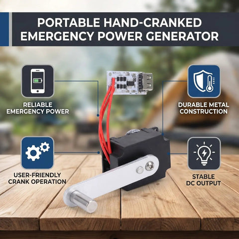 Hand Crank Generator Portable Emergency Power Charger with Rectifier, aluminum alloy, on wooden table, outdoor camping gear.
