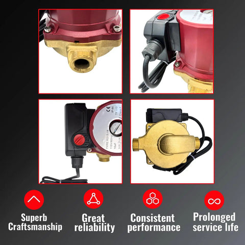 Smooth Operator 115V 1/25 HP Circulator Pump For Domestic Hot Water And Heating Units, detailed view of motor and brass fittings.