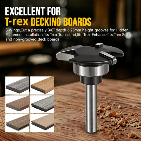 Hideaway Groove Router Bit For Composite Decking Cuts Sleek Hidden Fastener Slots Fits All Major Deck Lines And Installs Tight Hidden Connectors Smooth As Butter Square Edge Boards The Real Deal on a workbench with T-rex decking samples.