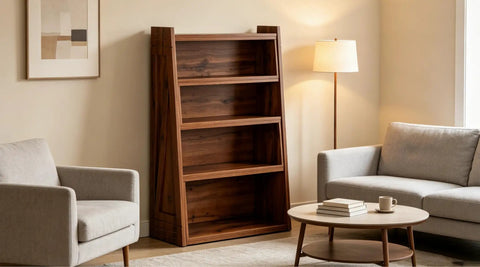 47-Inch Foldable Bookshelf With Three Convertible Layouts A Space Saving Modular Wood Organizer For Bedroom Or Office next to sofa