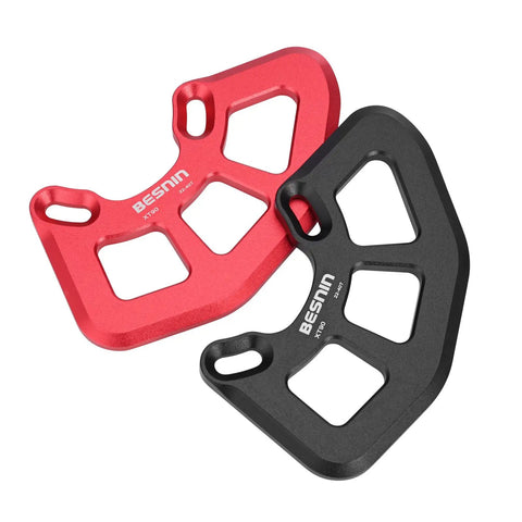 Red and black ISCG05 Bash Guard for 22T to 40T chainrings, Aluminum 7075-T6, lightweight protection for downhill MTB.