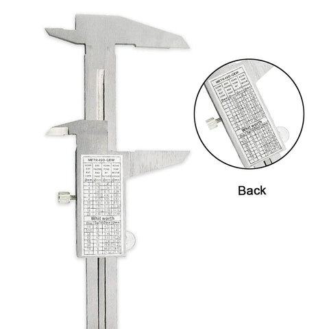 Pro Grade Vernier Caliper Measuring Tool In Stainless Steel, 6 Inch (150 mm), showing back detail with conversion chart