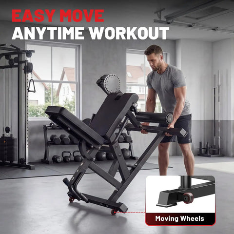Man adjusting 4 In 1 Leg Extension And Curl Machine for Home Gym with 800 LB capacity, showing moving wheels feature.