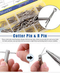216 Piece PTO Pin And Cotter Pin Kit Glarks with R Clips in a storage box, needle nose pliers holding a pin and clip demonstration.