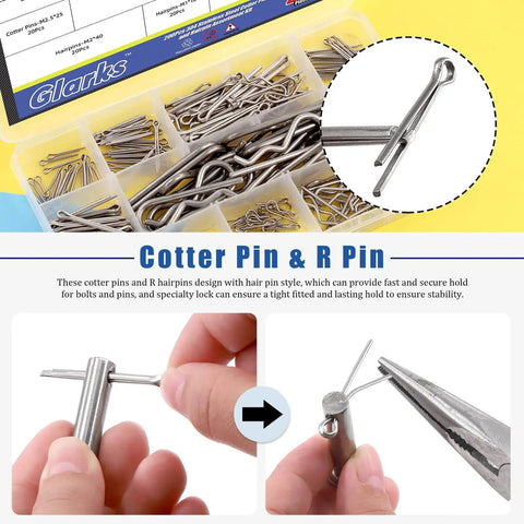 216 Piece PTO Pin And Cotter Pin Kit Glarks with R Clips in a storage box, needle nose pliers holding a pin and clip demonstration.