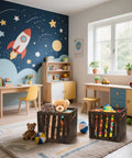 Wood Storage Bin Cube Crate With Handles Rustic Brown Decorative Box Stackable Shelf Basket Organizer with toys in a kids' room
