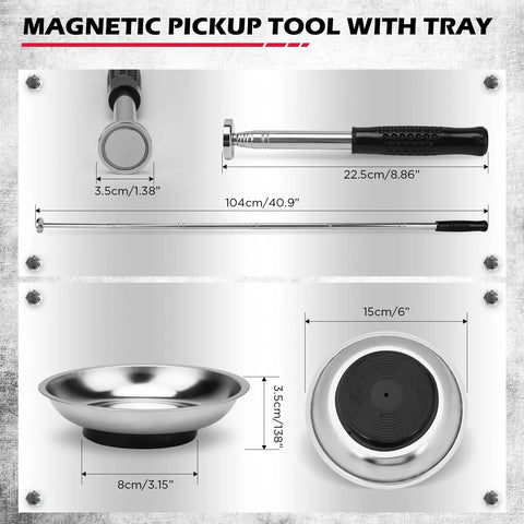Magnetic pickup tool with tray dimensions, part of 36 Inch Rolling Magnetic Sweeper With 40 Inch Telescoping Magnetic Pickup Tool, Magnetic Trays, 55 Pound Capacity, Nail, Screws, and Metal Debris Cleanup for Workshop, Garage, and Yard, Heavy Duty Magnetic Sweepers Set (3 Pack).