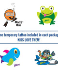 Colorful temporary tattoos of a diver, frog, fish, and pilot included with soft moldable silicone ear plugs for kids size small pack of six