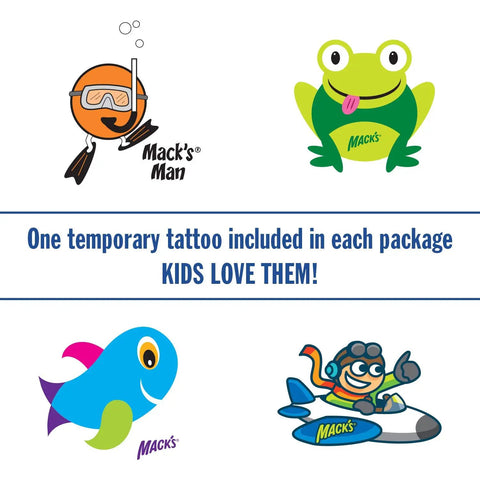 Colorful temporary tattoos of a diver, frog, fish, and pilot included with soft moldable silicone ear plugs for kids size small pack of six