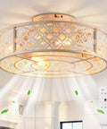 20" Low Profile Flush Mount Ceiling Fan with Remote, Vintage White Floral Caged Ceiling Fan Light in bright indoor setting.