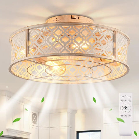 20" Low Profile Flush Mount Ceiling Fan with Remote, Vintage White Floral Caged Ceiling Fan Light in bright indoor setting.