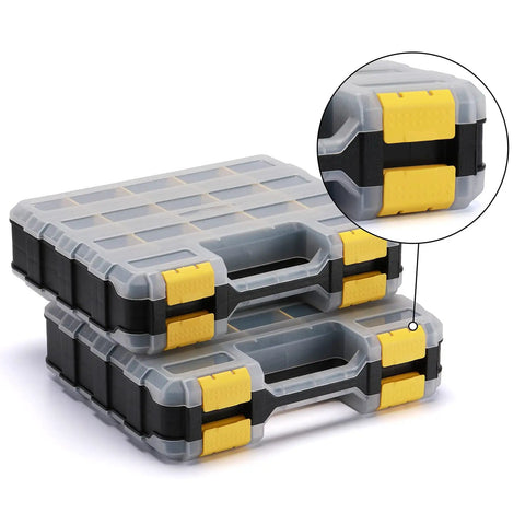 Stacked Dual Sided Tool Organizer Case With Impact Resistant Plastic 34 Compartment Hardware Box For Screws Nuts Bolts And Small Parts