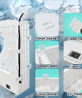 W11455232 Ice Maker Replacement with reset button, connector, switch, and ice trough details against ice cube background