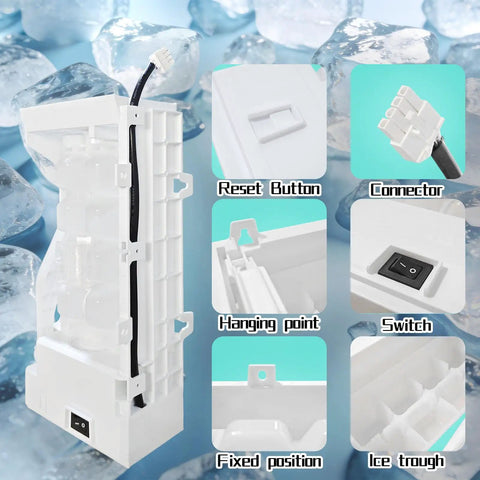 W11455232 Ice Maker Replacement with reset button, connector, switch, and ice trough details against ice cube background