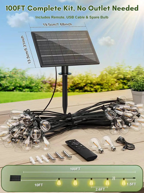 100Ft Outdoor Solar String Lights With Remote Control, 36 LED, Waterproof, USB C Charging, solar panel on table
