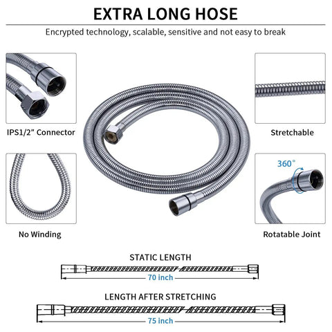 Handheld Shower Head With High Pressure And 6 Spray Settings Detachable Design 70 Inch Hose with rotatable joint and connectors
