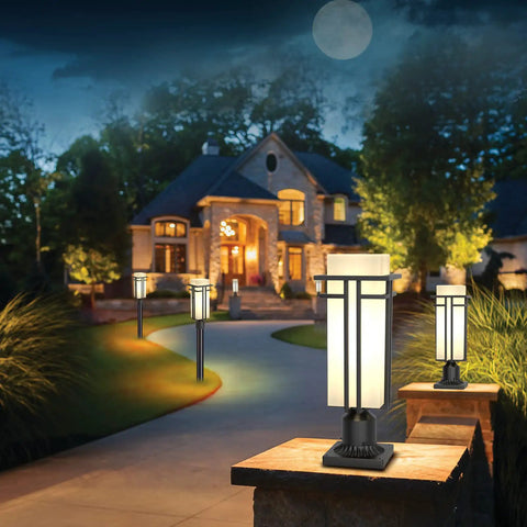 Heavy Duty Aluminum Outdoor Post Light With Frosted Glass Shade, 19.3 inch lamp illuminating a garden path at night