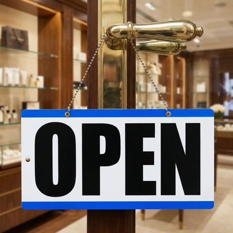 Double-Sided Closed Sign With Clock And Will Return Indicator, open side displayed on shop door, hanging by chain