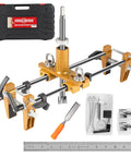 No Sweat Door Lock Installation Kit Featuring Hella Tough Tungsten Steel Cutters And Razor Sharp Chisel For Fast Mortising On Wooden Doors Includes Solid Jig And Three Precision Bits, shown with tools and carrying case.